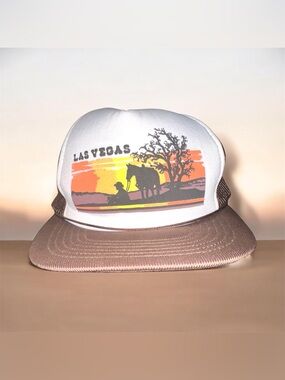 Vintage Las Vegas SnapBack Hat Brown & White with Horse & Sunset Scene